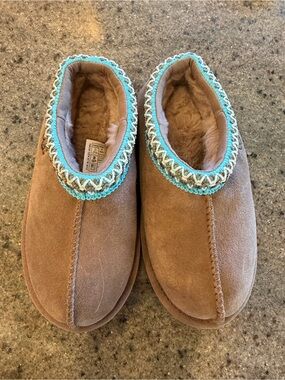 UGG Kids Tasman Brown Suede Slip-On Slippers with Turquoise Trim